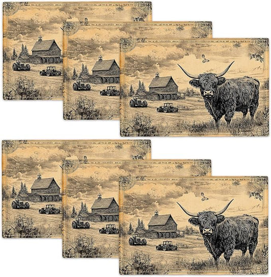Farmhouse Highland Cow Placemats Set of 6, Country Barn Place Mats, Rustic Black and White Dining Table Mats, Washable Placemats for Kitchen Dining Room Home Decor 18L'' × 12W''