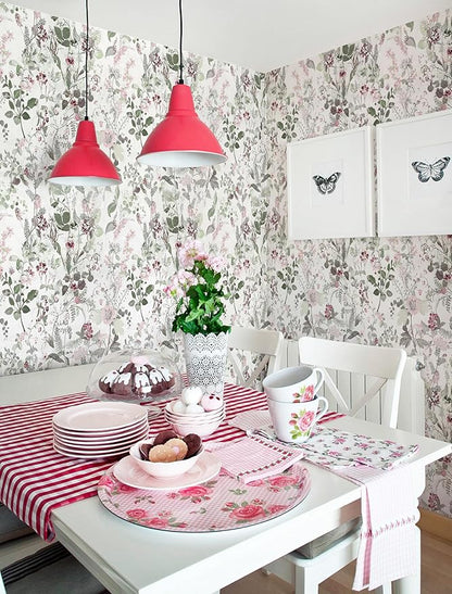 Erfoni 17.7" x 394" Removable Peel and Stick Wallpaper Floral and Leaf Contact Paper Boho Flower Self Adhesive Wallpaper DIY Vintage Wall Paper Decoration for Accent Wall Cabinets Decor Waterproof