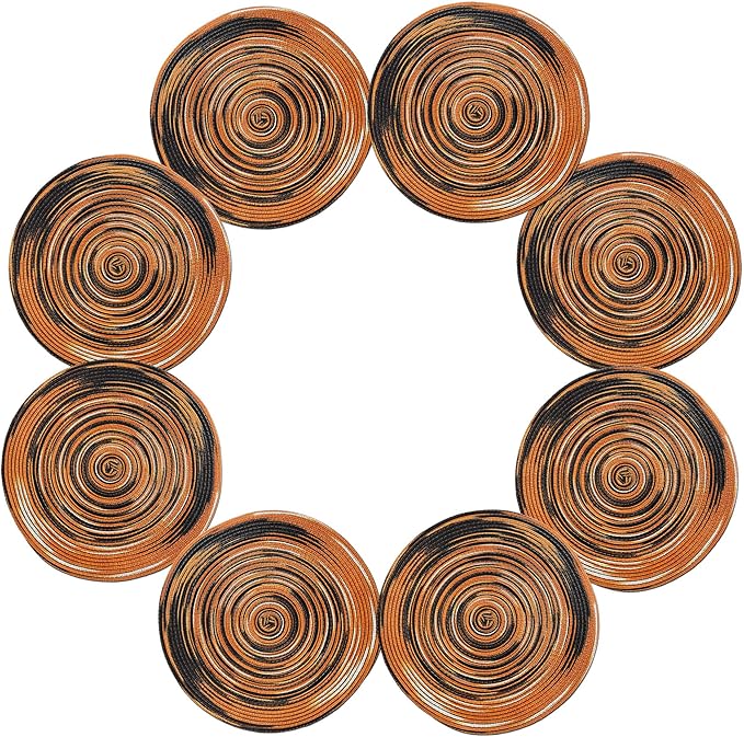 Youyi Better Lifes Halloween Round Braided Placemats Set of 8 Colorful Washable Durable Placemats Non-Slip 15 Inch Black-Orange Woven Table Mats for Dining Tables Holiday Party Decoration
