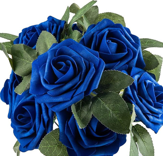 Royal Blue Rose 50pcs Foam Rose Real Looking Fake Rose with Stems Leaves for Home Decoration Party Garden Centerpieces DIY Wedding Bouquets（Royal Blue）