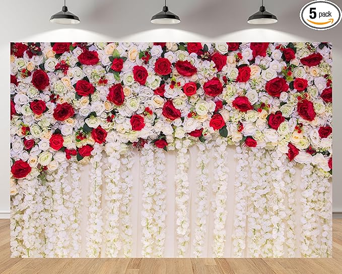 MAEQLQLM 7x5ft Wedding Flower Wall Backdrop Romantic Red White Floral Wall with Hanging Flowers Photography Background for Wedding Party Decor Bridal Shower Photo Booth Props