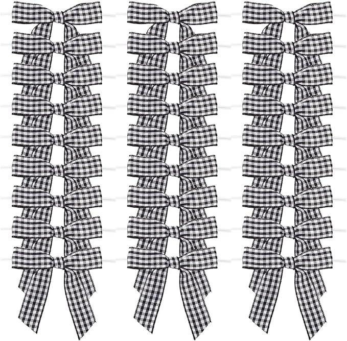 7Rainbows 30pcs 2.5" Buffalo Check Plaid Ribbon Twist Tie Bows Gingham Ribbon Bows for Tying Up Packages Gift Wrapping Christmas Tree(Black and White)