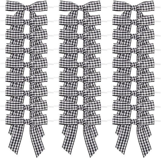 7Rainbows 30pcs 2.5" Buffalo Check Plaid Ribbon Twist Tie Bows Gingham Ribbon Bows for Tying Up Packages Gift Wrapping Christmas Tree(Black and White)