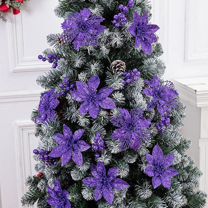 24Pcs Purple Glitter Poinsettia Christmas Tree Ornaments and Glitter Berries Stems, 16Pcs Christmas Artificial Flowers and 8 Pack Christmas Tree Picks for Wedding Xmas Holiday Decorations