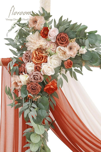Floroom Arch Flowers with Drapes Kit (Pack of 4) - 2pcs Artificial Terracotta & Cream Floral Swag Arrangement with 2pcs Draping Fabric for Wedding Ceremony Arbor and Reception Backdrop Decoration