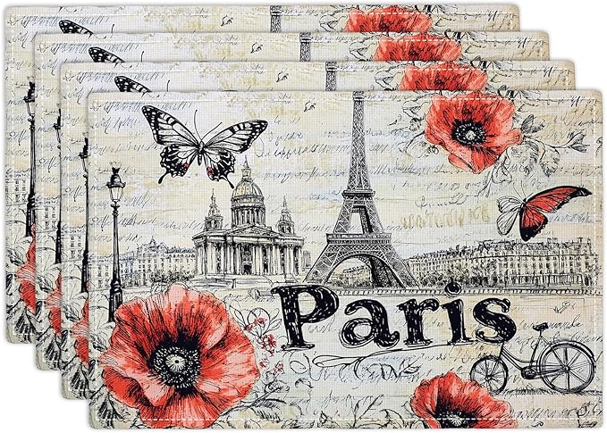 Paris Placemats Set of 4, French Eiffel Tower Place Mats, Poppies Dining Table Mats, Retro Washable Placemats for Kitchen Dining Room Home Decor 18L'' × 12W''
