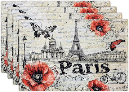 Paris Placemats Set of 4, French Eiffel Tower Place Mats, Poppies Dining Table Mats, Retro Washable Placemats for Kitchen Dining Room Home Decor 18L'' × 12W''