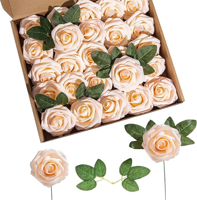 Artificial Flower Foam Rose 25pcs Real Looking Fake Rose with Stems Leaves for Home Decoration Party Garden Centerpieces DIY Wedding Bouquets（Blush）