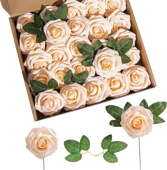 Artificial Flower Foam Rose 25pcs Real Looking Fake Rose with Stems Leaves for Home Decoration Party Garden Centerpieces DIY Wedding Bouquets（Blush）