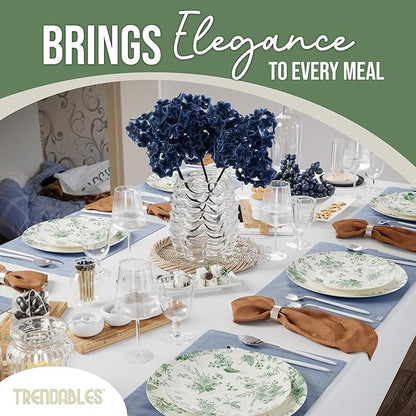 Trendables 80 Piece Plastic Disposable Plates Set For 40 Guests I 40 X 8 Inch Dessert Plates & 40 X 10 Inch Wedding Party Plates | Ivory & Green Verdure Design