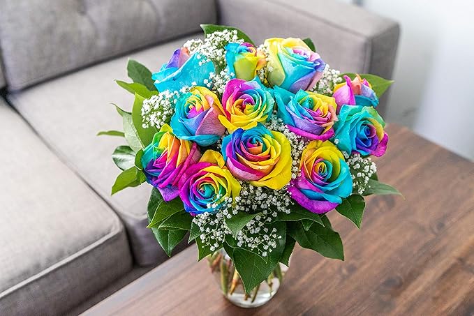 From You Flowers - One Dozen Wild Rainbow Roses with Glass Vase | Fresh Flower Bouquets for Birthday, Anniversary, Get Well or Celebration