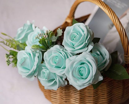 DuHouse 10pcs Fake Roses Artificial Silk Flowers Faux Rose Flower Long Stems Bouquet for Arrangement Wedding Centerpiece Party Home Kitchen Decor(Teal Blue)