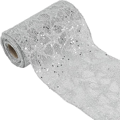 MEEDEE 6 Inch Wide Wired Ribbon Silver Glitter Mesh Web Wired Edge Ribbon by 10 Yards Roll Silver Wired Mesh Ribbons for Christmas Tree, Garland, Holiday Wreaths, Bows, Centerpiece, Gift Wrapping