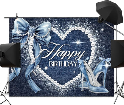 Denim and Diamonds Bow Backdrop 8Wx6H Photography Blue Coquette Silver High Heels Happy Birthday Banner for Women Girls Background Pearl Party Decorations Banner Photo Booth Props Supplies