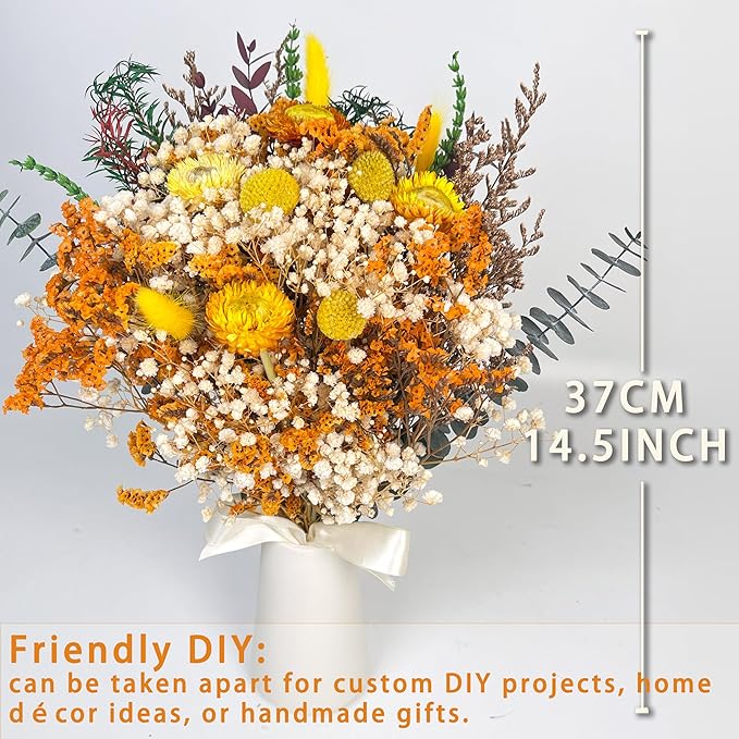 Handmade Dried Flower Bouquet – Natural Orange & Yellow Floral Arrangement with Baby’s Breath, Craspedia, and Eucalyptus – Rustic Boho Style for Home Decor, Weddings, Fall Decor