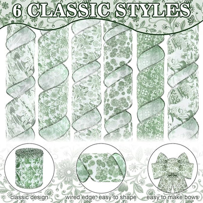 Lyrow 6 Rolls Chinoiserie Ribbon Sage Green Wired Edge Floral Ribbon Botanical Floral Flower Pattern Fabric Craft Wreath Bow Wrapping 2.52 Inches by 5 Yards