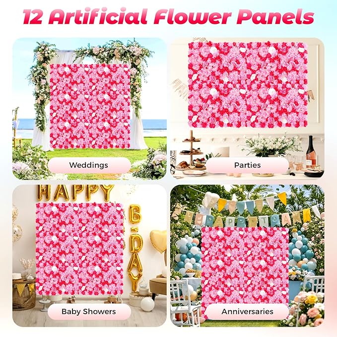 12pcs 24" x 16" Artificial Flower Wall Panel Background,3D Dark Pink Silk Dahlia Rose Flowers Wall Backdrop for Wedding Party Event Photo Backdrop Wall Decor (Type 1)