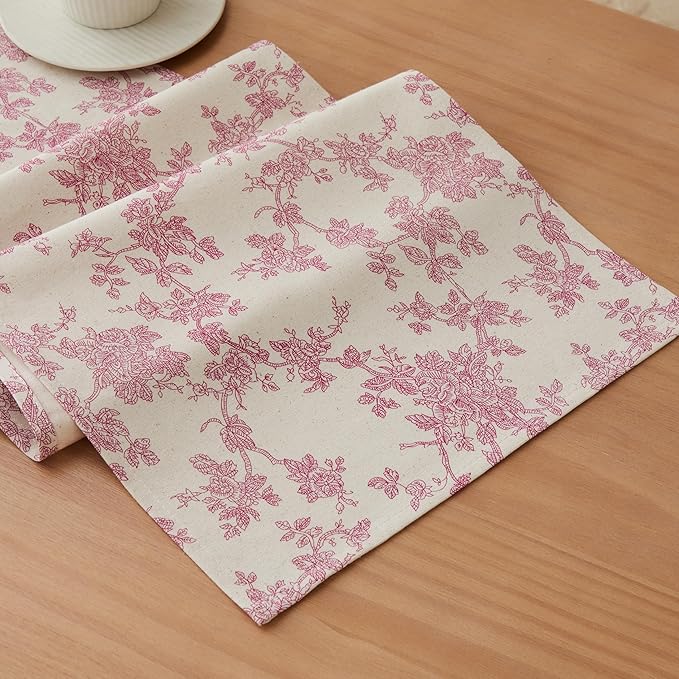 100% Cotton French Pastoral Table Runners, 13x36 Inch Pink Farmhouse Table Runners 36 Inches Long, Vintage Flowers Print Home Decors