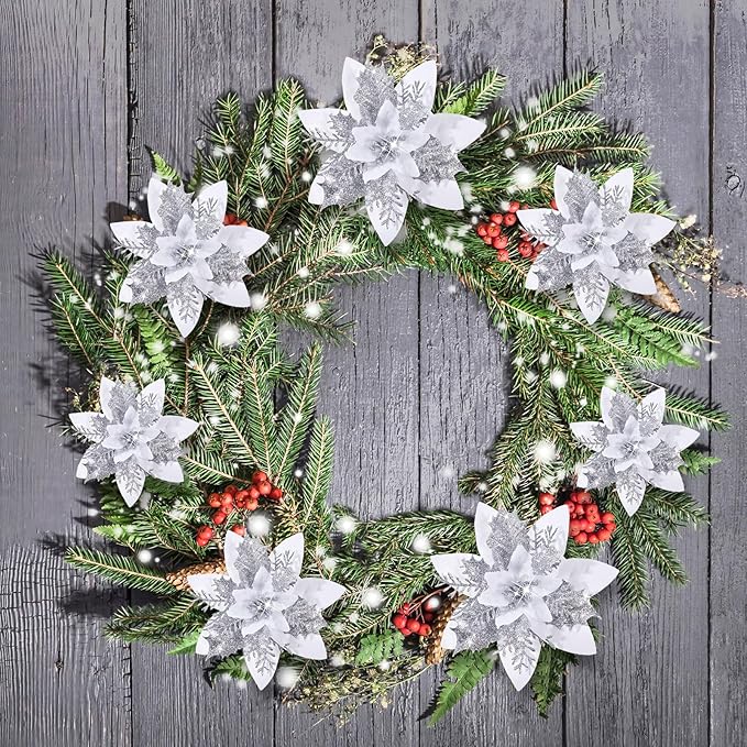 24 Christmas Glitter Artificial Poinsettia Flowers Xmas Poinsettia Artificial Wedding Flowers Decorations Xmas Tree Ornaments with Clips for Party Favors, 6 Inch, 4 Inch, 3 Inch (White)