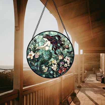 Stained Glass Window Hanging - Teal Sleeping Mermaid Suncatcher for Door Terrace Garden Home Decor, Sea of Flowers Sun Catcher Birthday Gifts for Lovers Women Men Dad Mom Nana 11.8 in