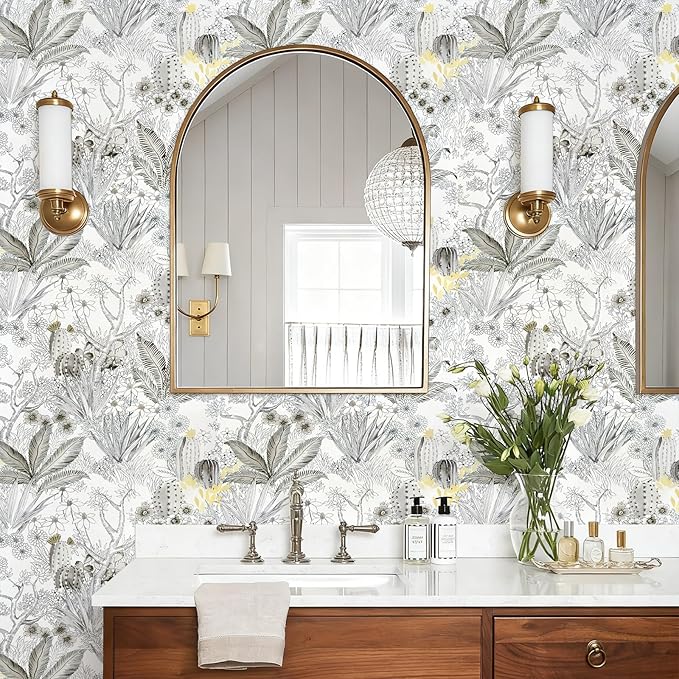 Wudnaye Floral Peel and Stick Wallpaper Vintage Contact Paper 17.7 inch×196.8 inch Gray Flower Wallpapers Self Adhesive Removable White and Black Contact Paper Waterproof for Bathroom Vinyl