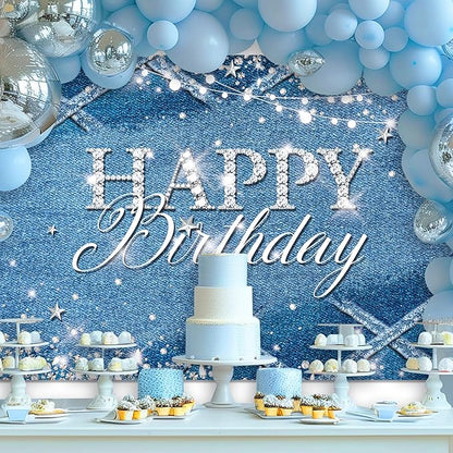 Riyidecor Denim Diamonds Birthday Backdrop for Women Navy Blue Silver Modern Luxury Crystal Sparkle Shining 7Wx5H Feet Girls Photography Background Happy Birthday Photo Studio Shoot Polyester Fabric
