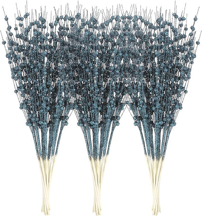 Sea Team 24-Pack Artificial Glitter Berry Stem Ornaments, Decorative Bead Sticks, Glittery Twigs, Picks, Branches for Christmas Tree, Small Vase, Holiday, Wedding, Party (17 Inches, Stone Blue)