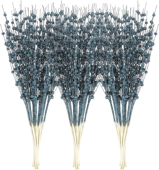 Sea Team 24-Pack Artificial Glitter Berry Stem Ornaments, Decorative Bead Sticks, Glittery Twigs, Picks, Branches for Christmas Tree, Small Vase, Holiday, Wedding, Party (17 Inches, Stone Blue)