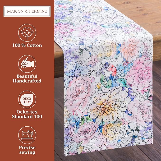Maison d' Hermine Table Runner 100% Cotton Single Layer Table Runners 72 inches Long Decorative for Kitchen Dining Party Baby Shower Wedding Bridal Shower Spring Summer (Floral Love, 14.50" x 72")