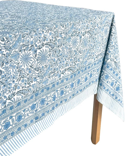 ATOSII Butterfly Blue 100% Cotton Rectangle Summer Tablecloth, Handblock Floral Print Linen Table Cloth for Kitchen Dining I Parties, Weddings, Outdoors, Decor 60 X 108 Inches, 8 Seater