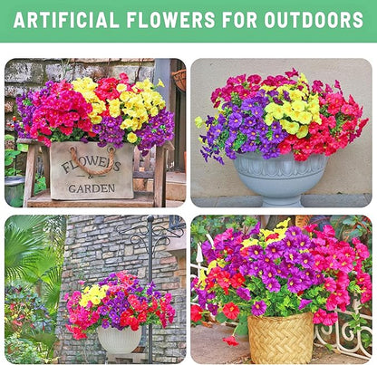 16PCS Artificial Fake Outdoor Flowers Plants, Faux Silk Realistic Morning Glory Floral Arrangement Planter UV Resistant for Porch Patio Window Box Balcony Garden Decor (Eucalyptus 4 Colors)