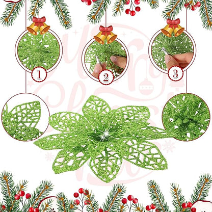 Boao Green 24 Pieces Poinsettia Flower Christmas Glitter Artificial Poinsettia with Clips Christmas Tree Ornament Decorations for DIY Xmas Wreath Holiday Home Party Decor, 3/4/6 Inches