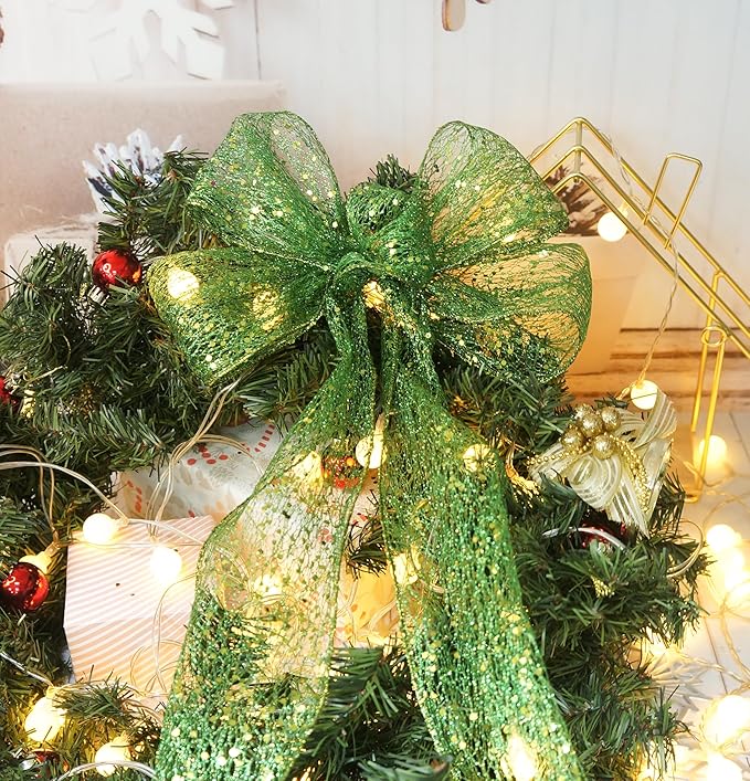 CT CRAFT LLC Sparkling Glitter Mesh Wired Ribbon 4" x 10 Yards Green for Christmas Home Decor Bow Gift Wrapping DIY Crafts Wreath