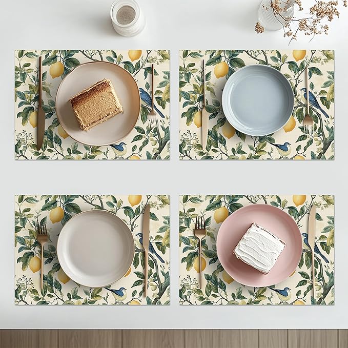 Lemon Placemats Set of 6 Washable Table Mats Summer Yellow Lemonade Stand Heat-Resistant Cotton Linen Place Mats for Dining Table Kitchen Indoor Outdoor Party Holiday Decor