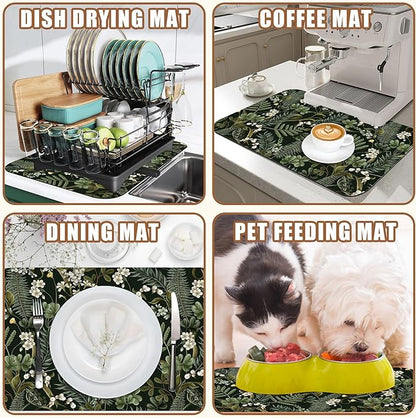 White Flowers and Berries Coffee Mat Fern and Leaves Dish Drying Mat Absorbent Hide Stain Rubber Backed Coffee Bar Accessories Fit Under Espresso Machine Dish Drainer, 11.8 x 19.7 Inch