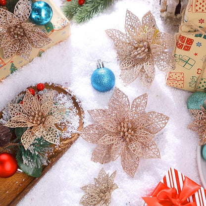 Boao Champagne,Rose Gold 24 Pieces Poinsettia Flower Christmas Glitter Artificial Poinsettia with Clips Christmas Tree Ornament Decorations for DIY Xmas Wreath Holiday Home Party Decor, 3/4/6 Inches