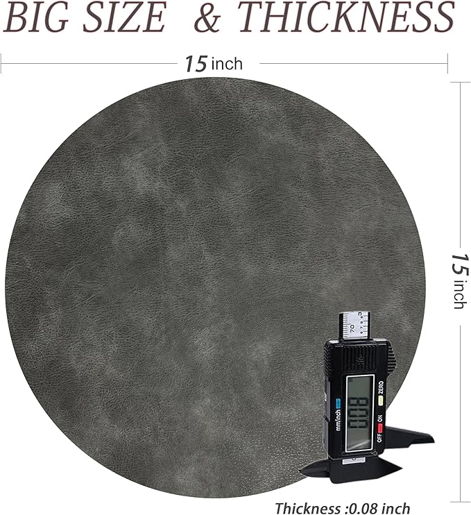 UnivoColors PU Leather Placemats Set of 8,15 Inches Round Washed Cowhide Pattern Table Mats for Dining Table, Kitchen, Party Decoration(Retro Grey)