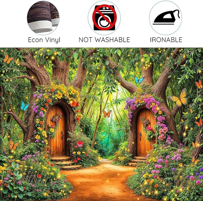 10X8ft Enchanted Forest Backdrop Fairy Tale Green Garden Wonderland Tree House Floral Butterfly Background for Kids Girl Baby Shower Birthday Party Decoration Banner Cake Table Photo Booth Props