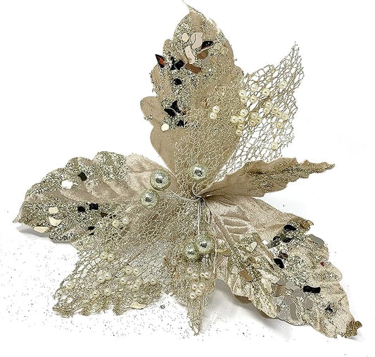 Allgala 6-PK Glitter and Sequin Decorated Fabric Poinsettia Artificial Christmas Flower with Clips-Champagne-XF93306