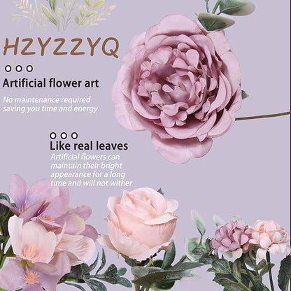 8 Pack Artificial Peony Flowers, Silk Peonies Flowers Fake Peonies Artificial Flowers Peonies Hydrangea Bouquet for Centerpiece Table Wedding Party Home Decor (8, Purple + Pink)