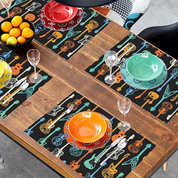 Colorful Guitar Placemats Set of 4, Placemats for Dining Table,Heat Resistant Stain Resistant Wipeable Table Mats for Kitchen Dining Holiday Party Home Decor,12x18 Inch