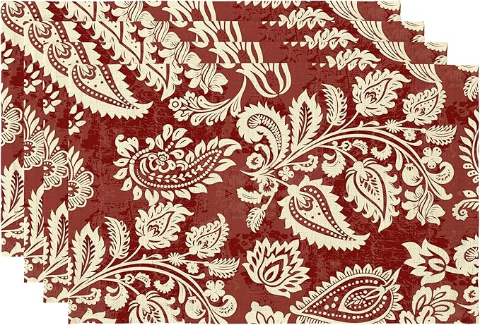 LilyCat Linen Fabric Red Paisley Floral Placemats, Durable Boho Dining Table Mats for Kitchen, Rustic Vintage Washable Place Mats Set of 4, 18’’× 12’’