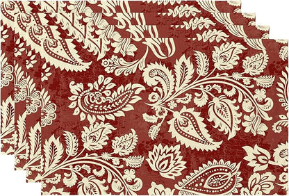 LilyCat Linen Fabric Red Paisley Floral Placemats, Durable Boho Dining Table Mats for Kitchen, Rustic Vintage Washable Place Mats Set of 4, 18’’× 12’’