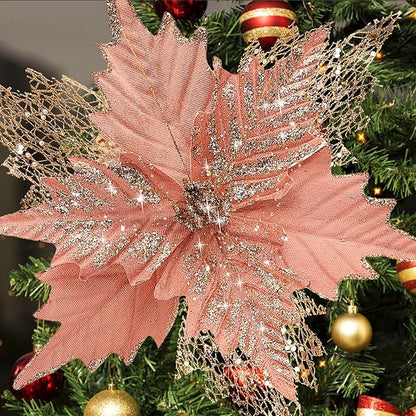10'' Large Christmas Glitter Poinsettia Flowers Decorations, stadeco 10 Pcs Christmas Tree Picks Ornaments Artificial Flowers with Long Stems for Xmas Tree Wreath Garland Wedding Party DIY Decor