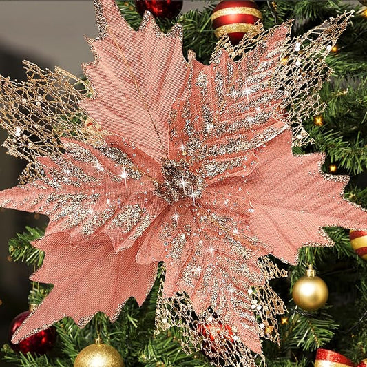 10'' Large Christmas Glitter Poinsettia Flowers Decorations, stadeco 10 Pcs Christmas Tree Picks Ornaments Artificial Flowers with Long Stems for Xmas Tree Wreath Garland Wedding Party DIY Decor