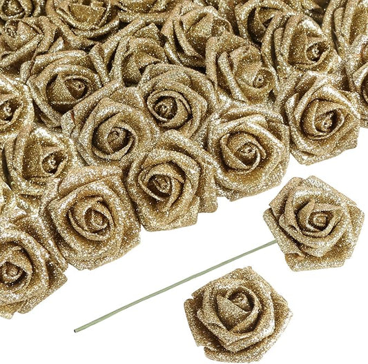 30 PCS Gold Artificial Flowers Glitter Roses Artificial Roses 2.17 in Foam Fake Flowers with Stem for Wedding Home Party DIY Bridal Bouquet Centerpieces Decor(Gold)