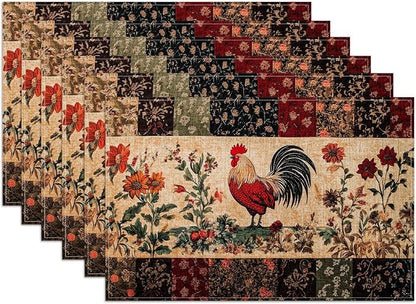 Rustic Rooster Placemats Set of 6, Flower Floral Linen Place Mat Washable Stain Resistant Table Mats for Farmhouse Kitchen Dining Holiday Party Wedding Decor 12x18 Inch