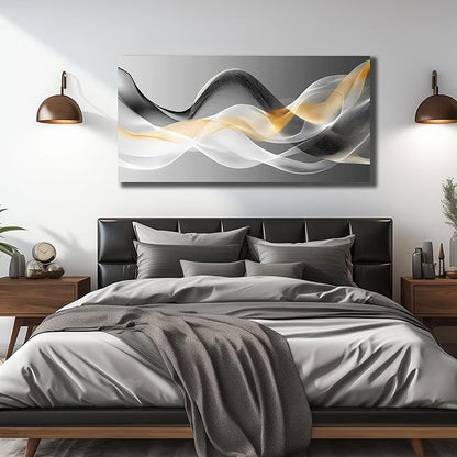 JuhaiArt Abstract Wall Art White Wall Decor for Living Room Office Large Black Canvas Art Picture Gold Artwork 29" x 59" Modern Prints