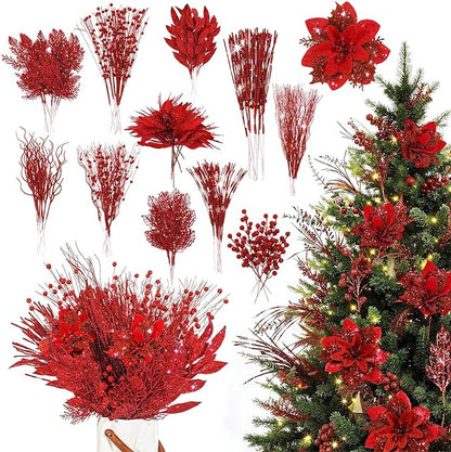 Yerliker 108 Pcs Red Glitter Christmas Picks and Sprays, 12 Styles Artificial Christmas Floral Berry Branches Flowers Stems for Xmas Tree Ornaments Wreath Garland DIY Vase Holiday Party Decor