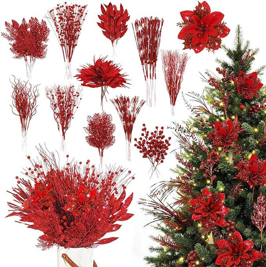 Yerliker 108 Pcs Red Glitter Christmas Picks and Sprays, 12 Styles Artificial Christmas Floral Berry Branches Flowers Stems for Xmas Tree Ornaments Wreath Garland DIY Vase Holiday Party Decor